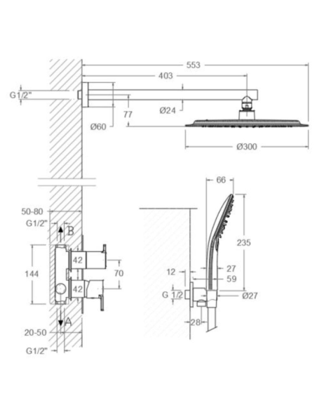 Medidas kit ducha empotrada redonda Blautherm RAMON SOLER
