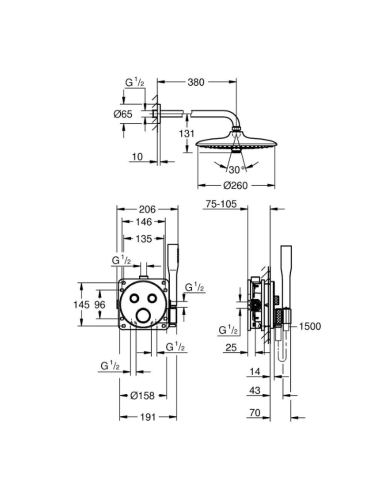 Medidas Grohtherm SmartControl Conjunto de ducha empotrado con Euphoria 260