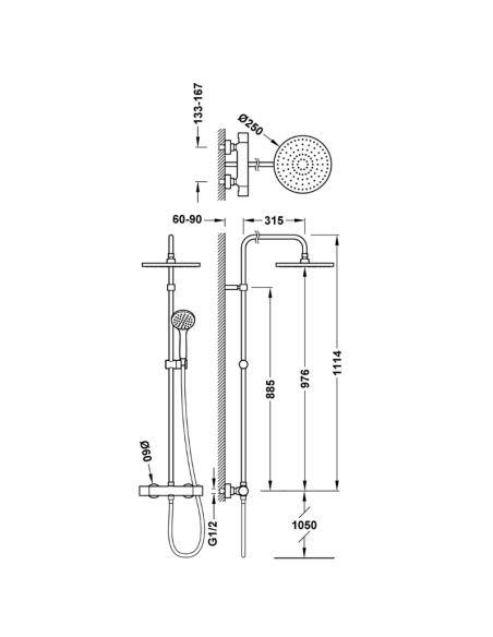 Medidas Columna ducha termostática Base plus TRES
