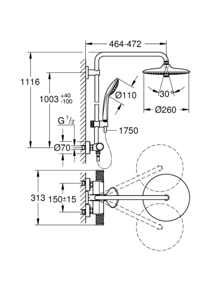 Medidas Euphoria System 260 Sistema de ducha con termostato
