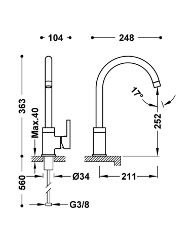 Medidas grifo cocina Aspen TRES