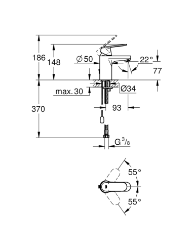 Medidas Eurosmart Cosmopolitan Monomando de lavabo 1/2″ Tamaño S