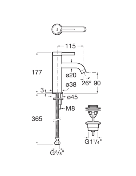 Medidas grifo de Lavabo Ona de ROCA Cromo