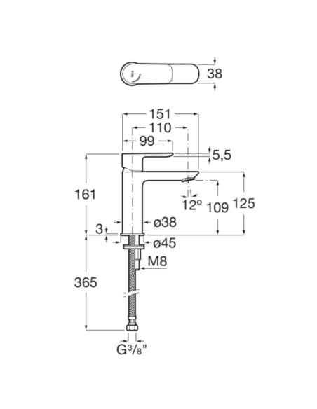 Medidas grifo de lavabo Cala ROCA Negro Mate
