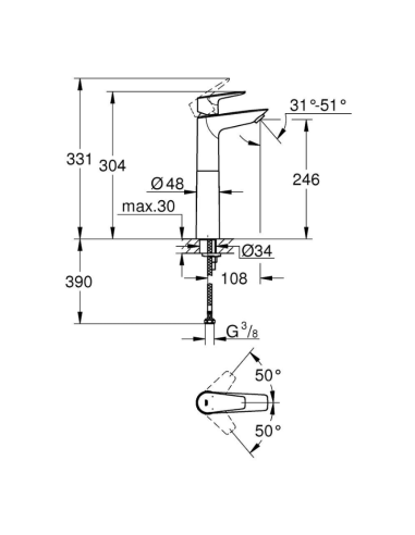 Medidas grifo de lavabo caño alto Bauedge-N XL