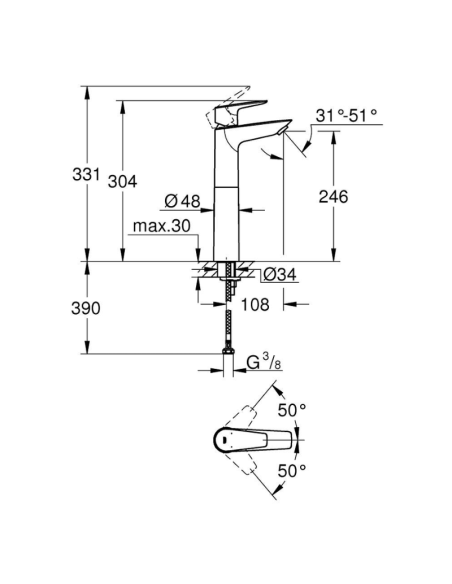 Medidas grifo de lavabo caño alto Bauedge-N XL