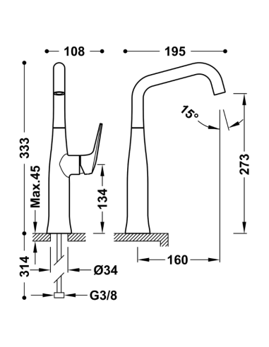 Medidas grifo de lavabo alto Fuji TRES maneta lateral