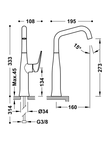 Medidas grifo de lavabo alto Fuji TRES maneta lateral