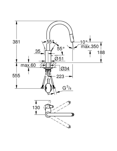 Medidas grifo cocina extraíble Grohe Eurosmart Cosmopolitan