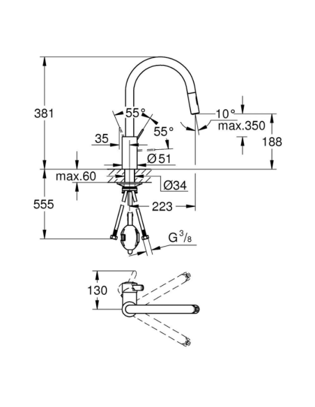 Medidas grifo cocina extraíble Grohe Eurosmart Cosmopolitan