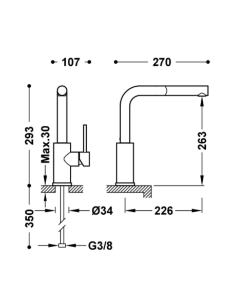 Medidas grifo de cocina extraíble MAX TRES