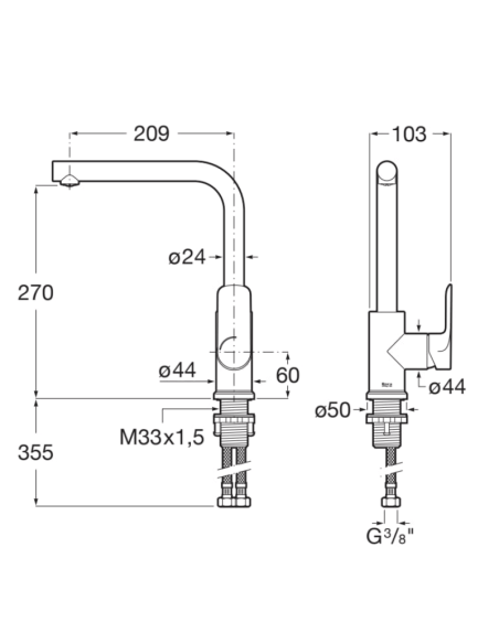 Medidas grifo cocina Roca Cala