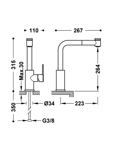 Medidas grifo cocina extraible LEX TRES
