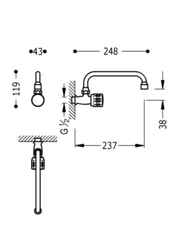Medidas grifo cocina pared 1 agua 123506 TRES