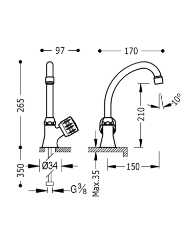 Medidas grifo cocina 1 agua 123306 TRES