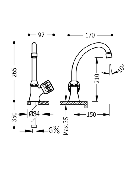 Medidas grifo cocina 1 agua 123306 TRES