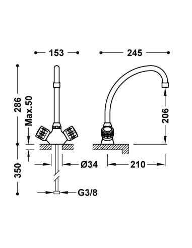 Medidas grifo cocina bimando 123342 TRES