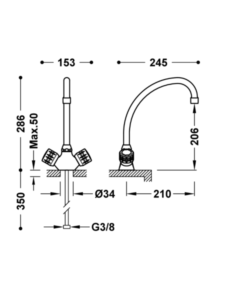 Medidas grifo cocina bimando 123342 TRES