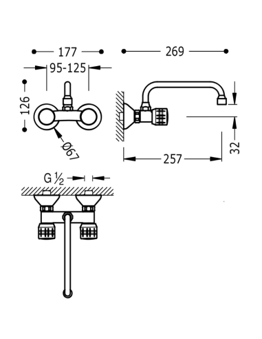Medidas grifo cocina pared bimando 123215 TRES