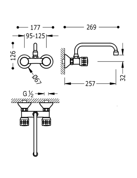 Medidas grifo cocina pared bimando 123215 TRES