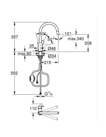 Medidas Grifo cocina extraíble Bauedge GROHE