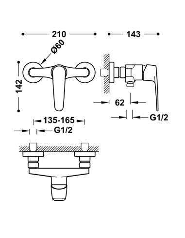 Medidas Grifo ducha monomando Flat TRES