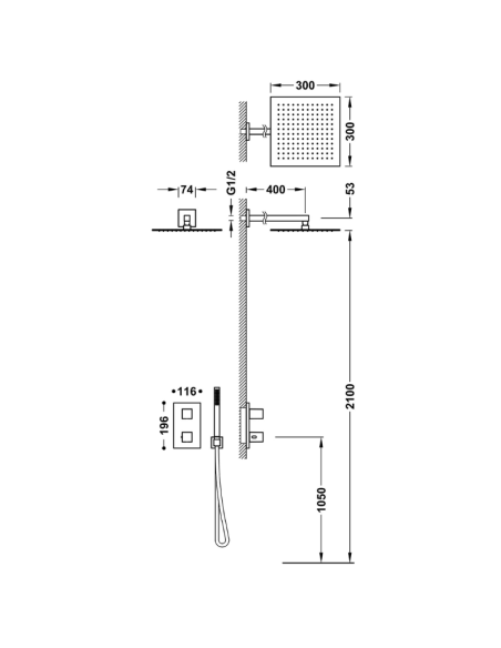 Medidas Ducha empotrada cuadrada parte exterior Therm-Box TRES