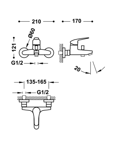 Medidas Grifo bañera negro Base Plus TRES