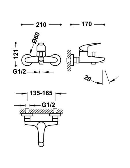 Medidas Grifo bañera negro Base Plus TRES