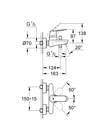 Medidas Grifo bañera Eurosmart Cosmopolitan GROHE