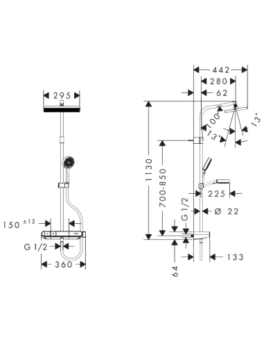 Medidas columna ducha termostática Activera Q 290 HANSGROHE