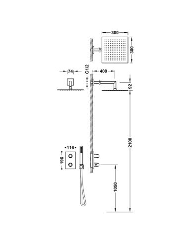 Medidas THERM-BOX Kit de grifo termostático empotrado de 2 vías Therm-box para ducha-21135004AC