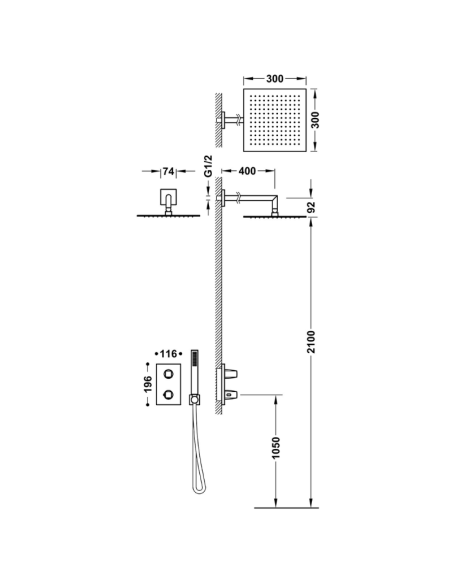 Medidas THERM-BOX Kit de grifo termostático empotrado de 2 vías Therm-box para ducha-21135004AC