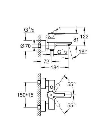 Grifo de baño-ducha LINEARE GROHE. Medidas