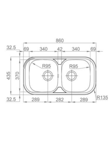 Fregadero acero RODI SEVILLA 86x43 2 cubetas. Medidas